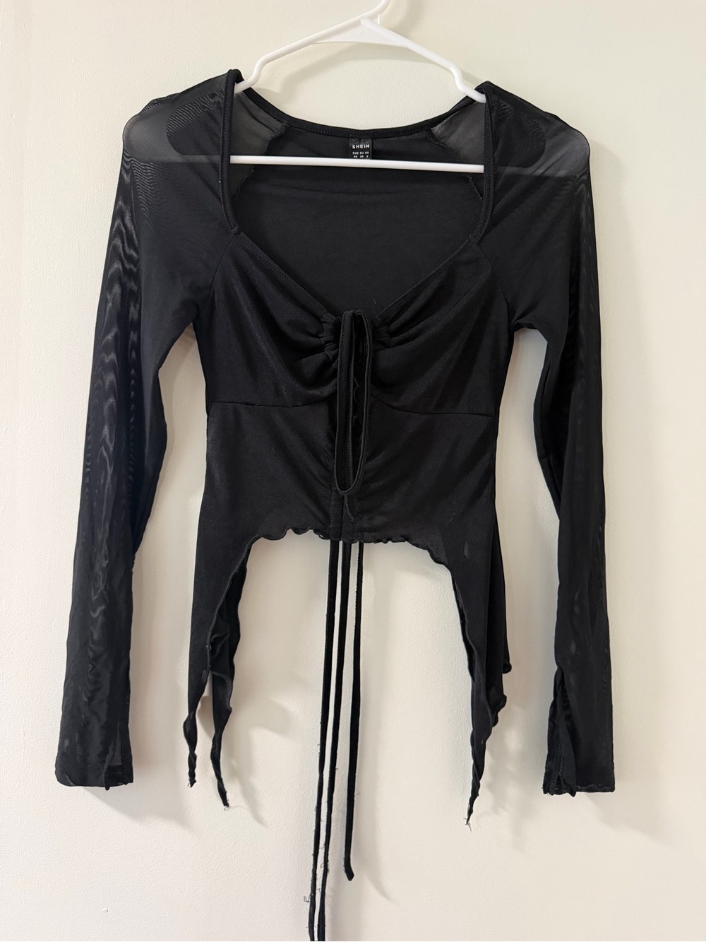 SHEIN Black Long-Sleeve Ruched Tie-Front Crop Top